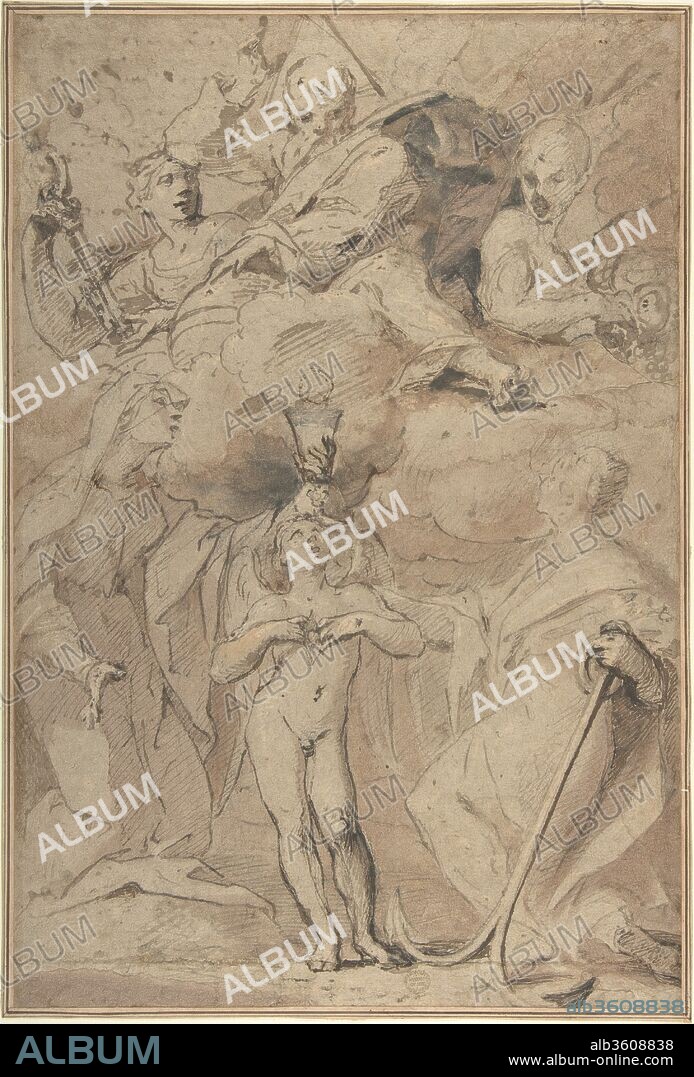 Allegory of Religion: God the Father above, Faith, Hope, and Charity below. Artist: attributed to Ludovico Lana (Italian, Codigoro near Ferrara 1597-1646 Modena). Dimensions: 16-15/16 x 11-3/8 in.  (43.0 x 28.9 cm). Date: 1597-1646.