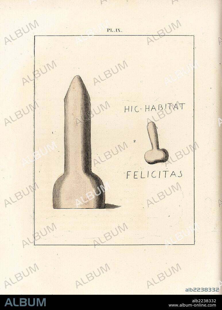 Phallic sculptures from Pompeii. A stone statue of Priapus, and another with the inscription Hic habitat felicitas (here happiness dwells) found outside a bakery. Handcoloured lithograph from Cesar Famin's "Musee royal de Naples (The Royal Museum at Naples)," Abel Ledoux, Paris, 1836. This rare volume is a catalog of the collection of erotic paintings, bronzes and statues excavated in Pompeii and Herculaneum and stored in a Secret Cabinet at Naples.