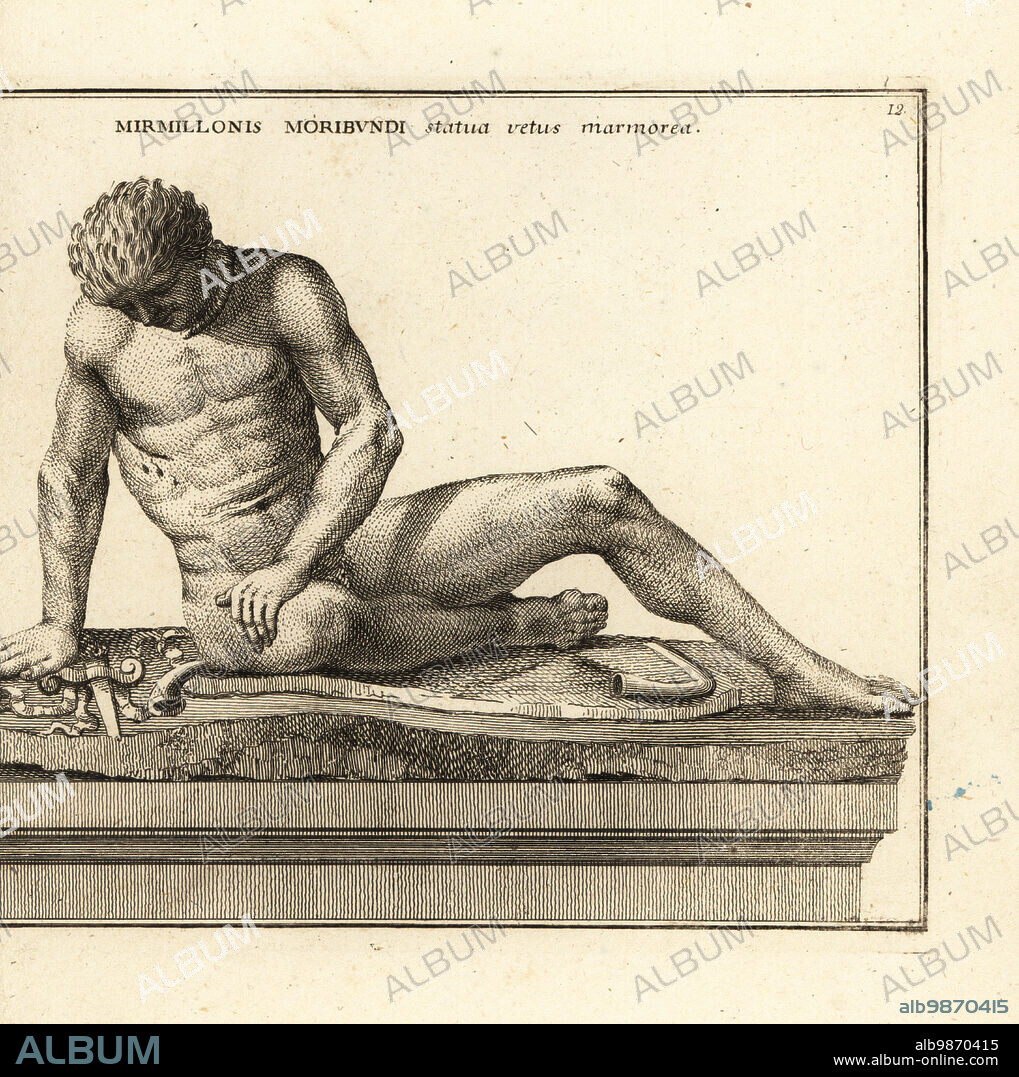 The Dying Gaul, ancient Roman marble statue by Epigonus, now in the Capitoline Museum. With characteristic Celtic hairstyle and moustache with a Celtic torc around his neck. Formerly known as the Dying Gladiator. Mirmillonis Moribundi statua vetus marmorea. Copperplate engraving by Giovanni Battista Cannetti from Copperplates of the most beautiful ancient statues of Rome, Calcografia di piu belle statue antiche a Roma, engraved by Cannetti all'Arco della Ciambella, published by Gaetano Quojani, Rome, 1779.
