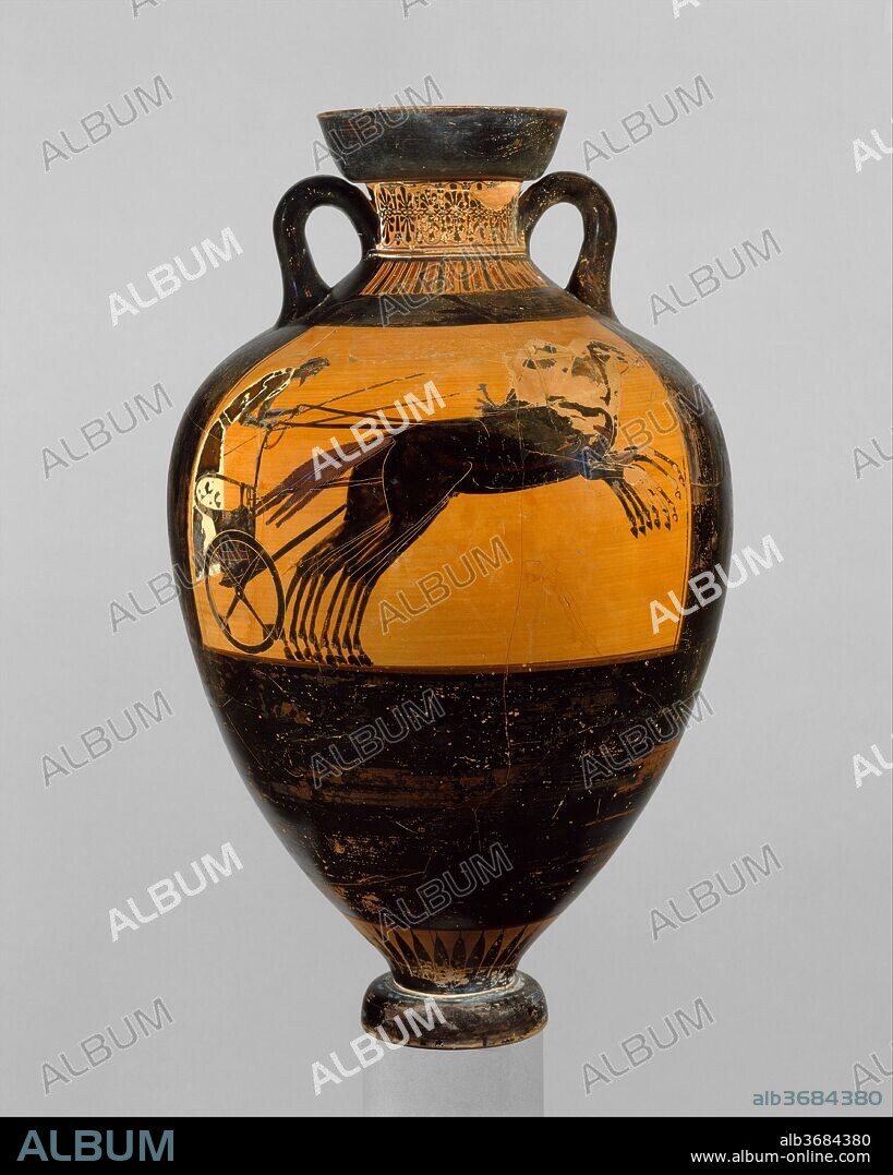 Terracotta Panathenaic prize amphora. Culture: Greek, Attic. Dimensions: H. 25 in. (63.5 cm). Date: ca. 525-500 B.C..
Obverse, Athena
Reverse, chariot race
In addition to stylistic criteria, the device of a flying horse on Athena's shield suggests an attribution to the Kleophrades Painter.  The motif seems particularly appropriate here because the artist conveys the speed of the chariot by the position of the horses who appear to be flying over the ground.