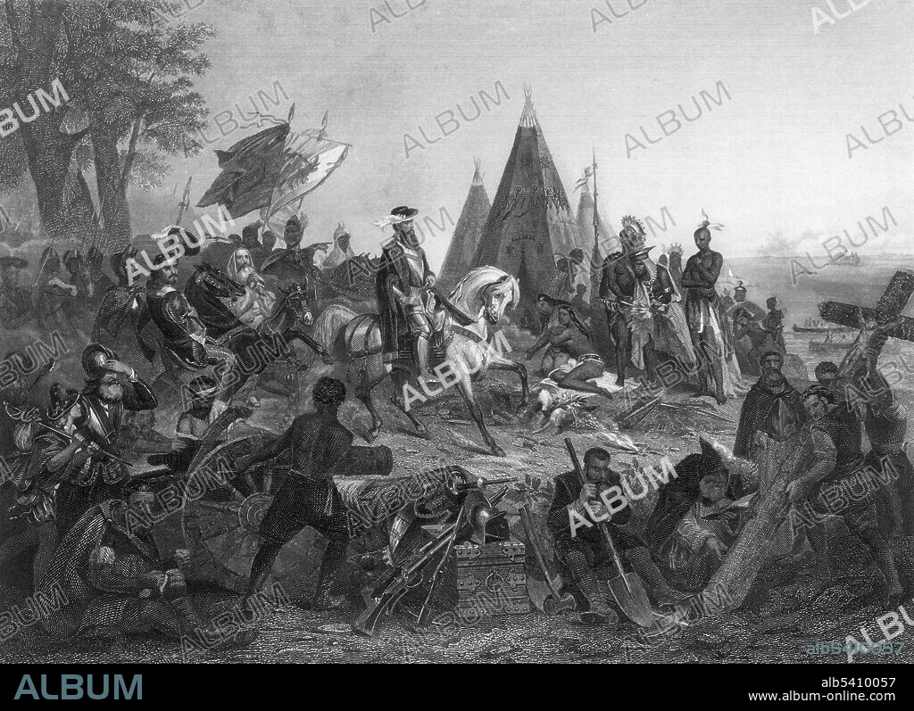 De Soto Discovers the Mississippi, 1541. Hernando de Soto (1496/98 - May 21, 1542) was a Spanish explorer and conquistador. He led the first European expedition deep into the territory of the modern-day US, becoming the first European documented to have crossed the Mississippi River. No artist credited, undated (cropped and cleaned).