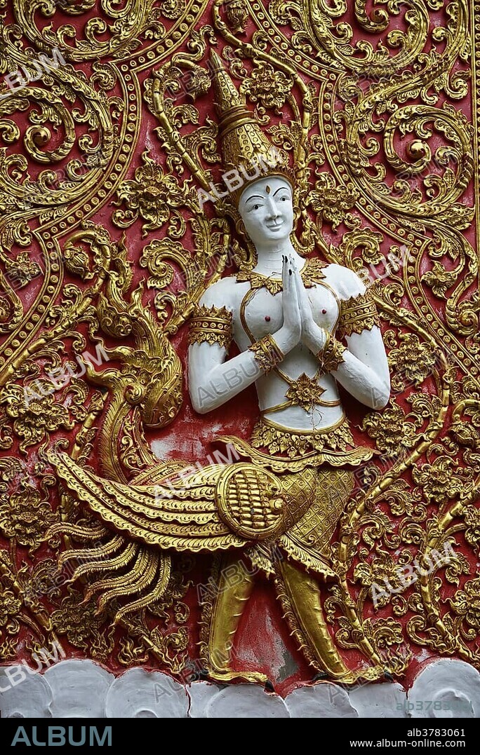 Kinnari or Kinari, mythological creature, relief, Wat Phrathat Lampang Luang Temple Complex, Lampang Province, Northern Thailand, Thailand, Asia.