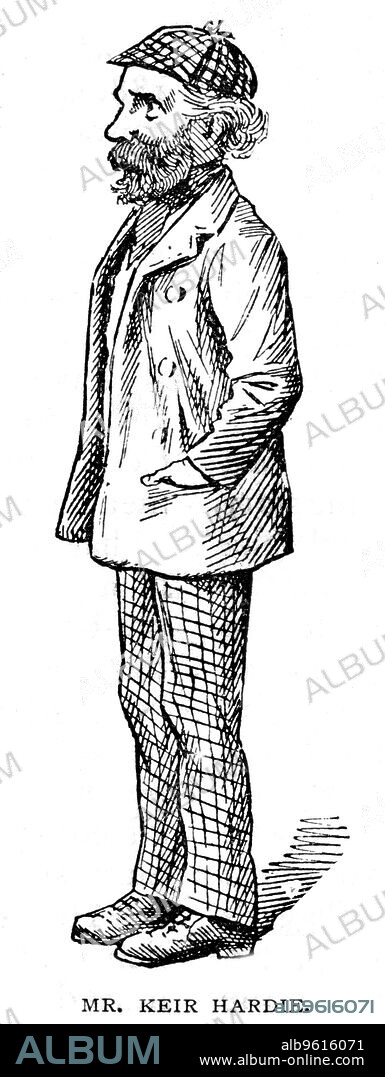 (James) Keir Hardie, Scottish-born British trade unionist and Labour politician, 1903. A founder member of the Labour Party, Hardie (1865-1915) served as Member of Parliament for West Ham from 1892-1895 and Merthyr Tydfil from 1900-1915. As well as championing wokers' rights, he was also a prominent supporter of the suffragettes' campaign for votes for women. Cartoon from The Strand Magazine. (London, 1903).