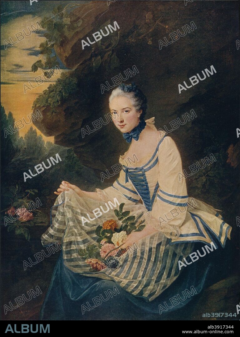 Marie-Louise-Elisabeth de Maille, comtesse de Sorans' (1742-1812), 1763. She was lady in waiting of Madame Clotilde and later of Madame Elisabeth, the two sisters of Louis XVI. After an original painting by Drouais Francois-Hubert (1727-1775). From The Connoisseur, VOL. XVI, 1906.