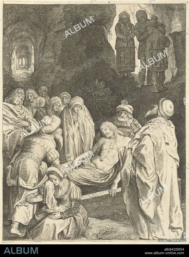 Joseph of Arimathea and Nicodemus lay the body of Christ in the tomb while Mary Magdalene, Mary and John, along with others, mourned., Entombment of Christ The Passion (series title), print maker: Nicolaes de Bruyn, (mentioned on object), Nicolaes de Bruyn, Hendrick Goltzius, Netherlands, 1618, paper, engraving, h 182 mm × w 141 mm.
