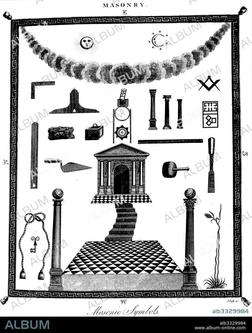Illustration depicting Masonic Symbolism: Sun and Moon (God's power, eternity, omnipresence and benevolence), Seven Stars (ethereal mansions of the blessed), Mosaic Pavement (Reminder of variety of creation), Plumb-rule (Uprightness), Level (Equality), Square (Morality and Harmony), Rule (Duty should be observed), Line (Moral rectitude), Tracing Board (Book of Nature, the Master's design), Trowel (Nothing can be united without cement), Mallet (Correction of irregularities), and chisel (Discipline and education). Dated 19th Century.