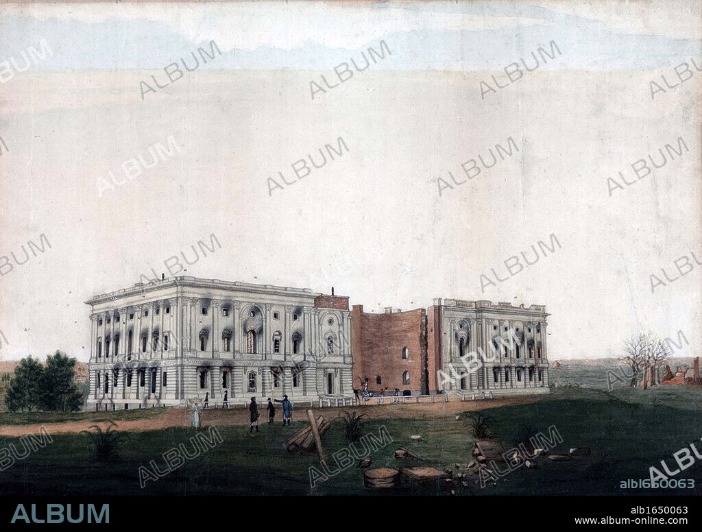 Ruins of the US Capitol building, Washington, after British attempt to burn it on 24 August 1814 during the Anglo-American War 1812-1815 (War of 1812). Ink and watercolour on paper.