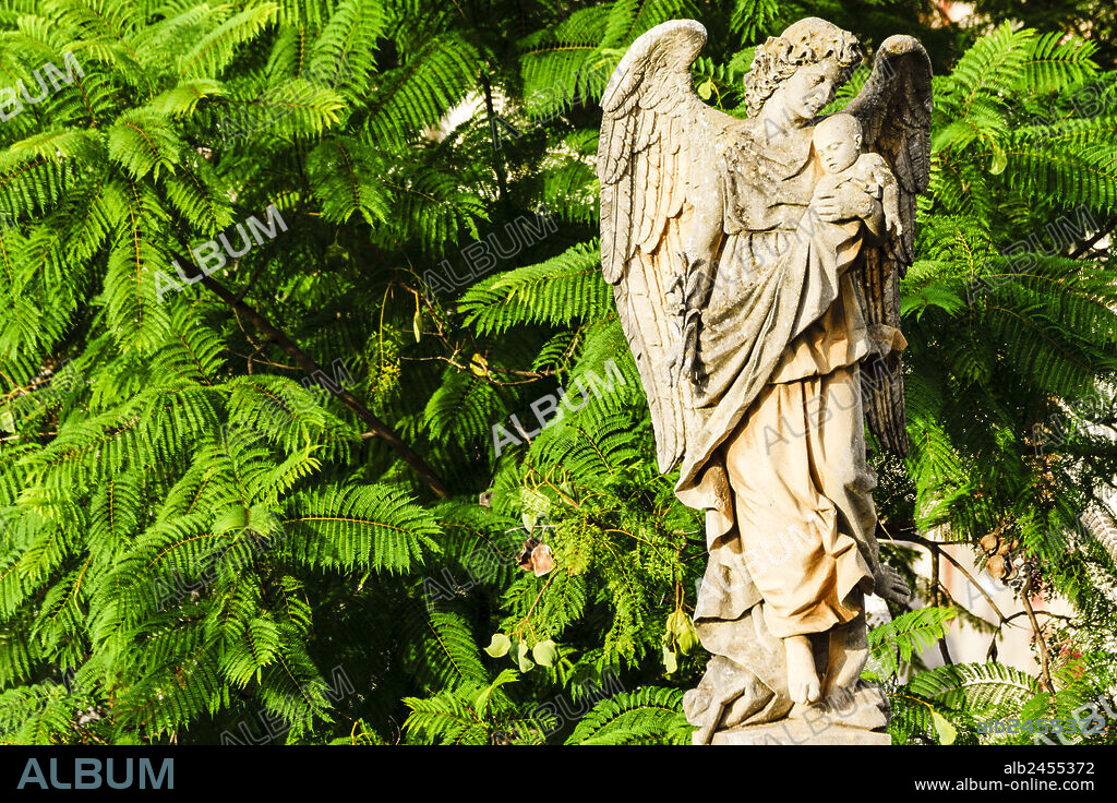 Angel holding a child in her arms, Historic Cemetery of Palma, inaugurated on March 24, 1821, Palma, Mallorca, Balearic Islands, Spain.