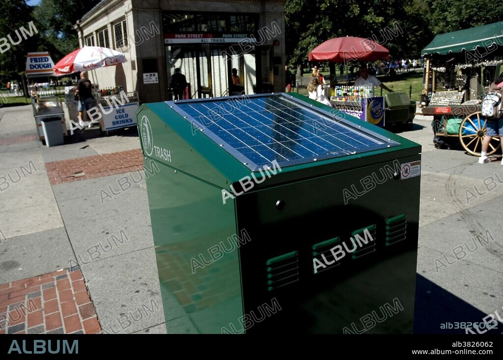 This solar powered trash can in Boston, MA, compacts trash when it is full, which is more sanitary than an open trash basket and requires less emptying.