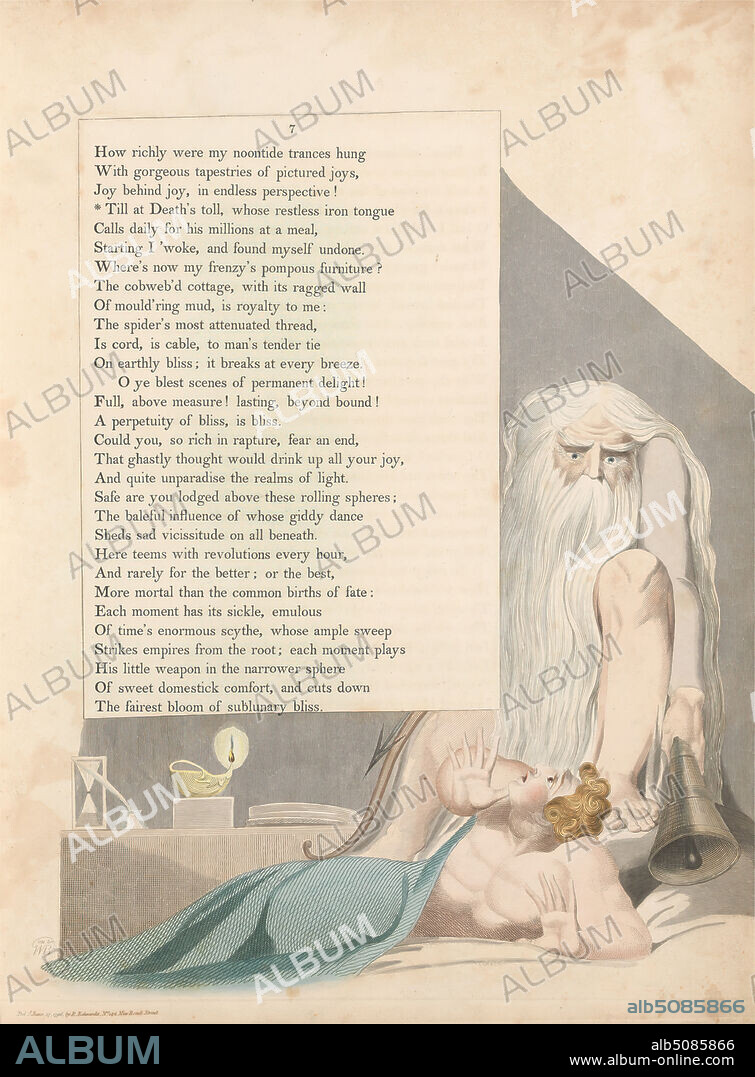 Young's Night Thoughts, Page 7, 'Till at Death's Toll, Whose Restless Iron Tounge', Print made by William Blake, 17571827, British, 1797, Etching and line engraving with watercolor on moderately thick, slightly textured, cream wove paper, Spine: 17 1/2 inches (44.5 cm), Sheet: 16 3/4 x 12 7/8 inches (42.5 x 32.7 cm), and Plate: 16 1/4 x 12 3/4 inches (41.3 x 32.4 cm), arrows, beard, bell, book, bow, hourglass, lamp, literary theme, men, quill pen, religious and mythological subject, text.