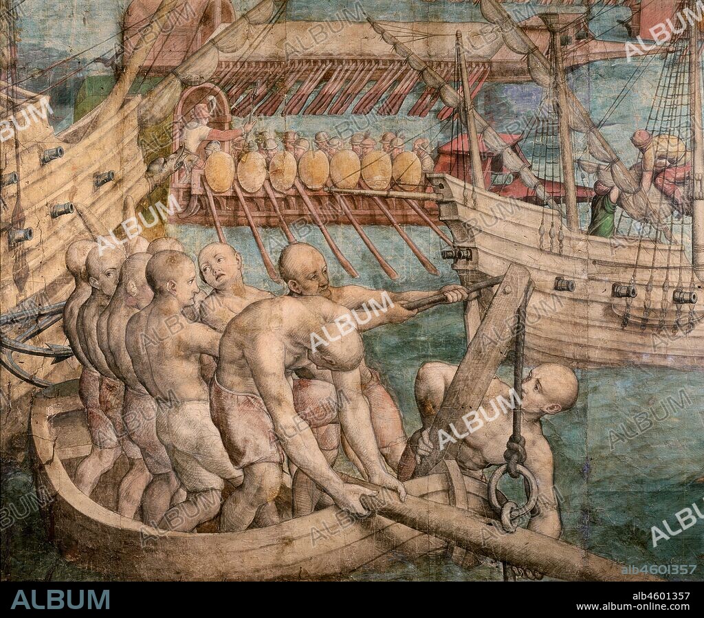 JAN CORNELISZ. VERMEYEN. Galley slaves. Detail from: Emperor Charles V Captures Tunis (Tapestry Cartoon).