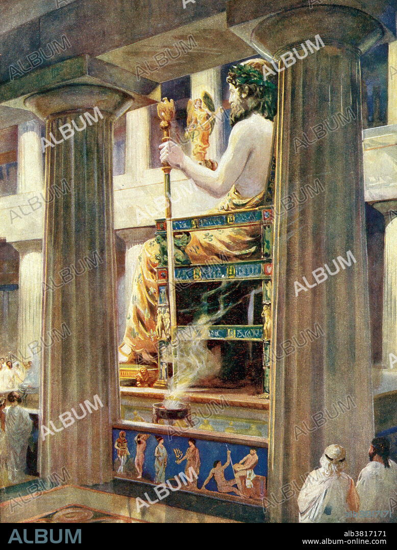 The Zeus of Pheidias, Loftiest Embodiment of Divinity in Art. Statue of Olympian Zeus from a painting by Charles M. Sheldon, based on Pausanias. This statue was one of the Seven Wonders of the Ancient World and was 12 meters high inside the Temple of Zeus in Olympia, Greece. It was carved by the great sculptor Phidias and inlaid with ivory, ebony, gold and precious stones. The Olympic Games are thought to have originated in Olympia in 766 BC and had great religious importance, with contests alternating with sacrifices and ceremonies in honor of the god Zeus.