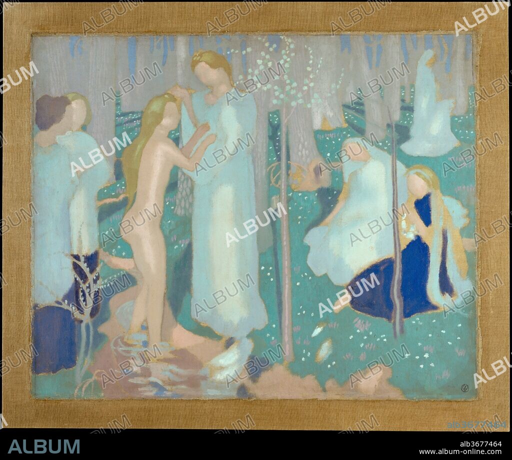 Springtime. Artist: Maurice Denis (French, Granville 1870-1943 Saint-Germain-en-Laye). Dimensions: 31 3/4 x 38 1/2 in. (80.6 x 97.8 cm). Date: ca. 1894-99.
Springtime, with its associations of joyful new life, was a source of constant inspiration for Denis. This double-sided canvas presents two studies for his 1899 painting Virginal Spring (private collection), in which young women engage in a purification ritual evocative of Christian baptism and communion. The verdant setting is the Forest of Saint-Germain-en-Laye, near Paris, whose tree-lined glades and dainty wildflowers captivated Denis. He later reprised this composition in his mural series Eternal Spring (Musée départemental Maurice Denis, Saint-Germain-en-Laye), one of his most ambitious attempts at rejuvenating the practice of decorative painting in France.