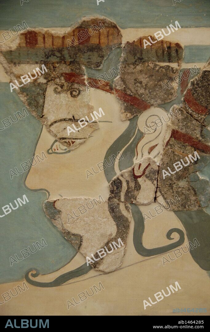 ARTE MICENICO. GRECIA. Fragmento de un fresco con la representación de una FIGURA MASCULINA, fechado entre los siglos XIV-XIII a. C. Procede del segundo palacio de Tirinto (región del Peloponeso). Museo Arqueológico Nacional. Atenas. Grecia.