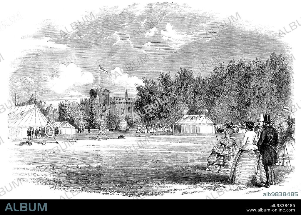 Meeting of the Worcestershire Archery Society in the Grounds of Lea Castle, Wolverley, near Kidderminster, 1858. Women shooting with bow and arrow. 'The targets, six pair in number, were pitched near the Castle. There were four pairs for members and two for visitors; and as the shooting proceeded it was watched with much interest by large numbers of the principal inhabitants of the district. Unfortunately, during the afternoon, rain fell twice, obliging the shooters to take shelter for about half an hour each time, but this delay only appeared to give additional zeal, and the sport recommenced again in right good earnest...At the conclusion, dancing commenced in the handsome tent, and was indulged in with much spirit until past dusk'. From "Illustrated London News", 1858.
