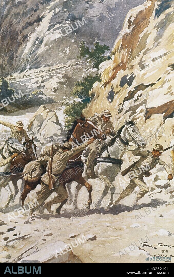 GUERRAS BALCANICAS (1874-1914). SEGUNDA GUERRA BALCANICA (1912-1913). Empezó en octubre de 1912 coincidiendo con el fin de la lucha entre el Imperio Otomano e Italia. El ejército griego y sus convoyes atravesando el río Struma. Ilustración de una acuarela de Georges Scott, 1913.