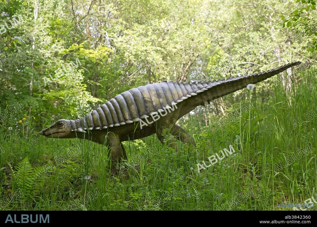 Typothorax, an herbivorous aetosaur from the Late Triassic Period, in Dinosaurier Park, Germany. Aetosaurs are distantly related to crocodiles.