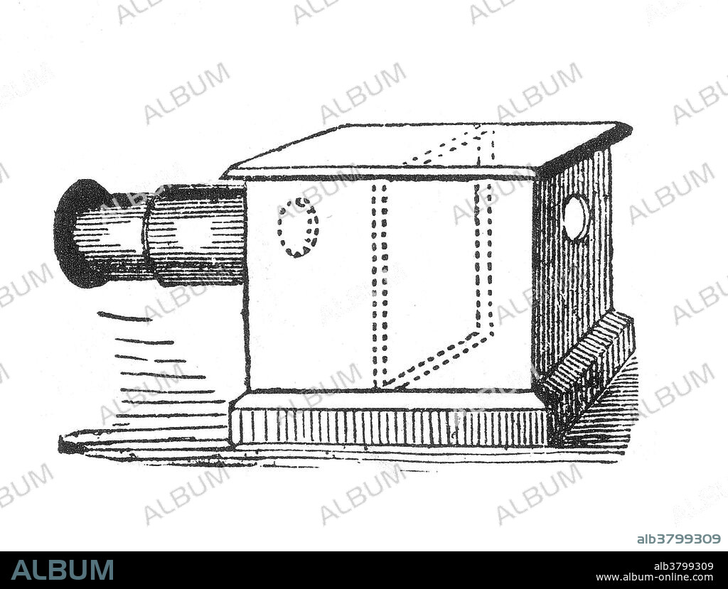 A camera obscura is an optical device that led to photography and the photographic camera. The device consists of a box or room with a hole in one side. Light from an external scene passes through the hole and strikes a surface inside, where it is reproduced, inverted (upside-down), but with color and perspective preserved. The image can be projected onto paper, and can then be traced to produce a highly accurate representation. Such cameras were later adapted by Joseph Nicephore Niepce, Louis Daguerre and William Fox Talbot for creating the first photographs.