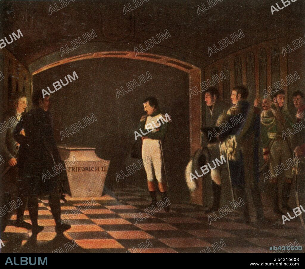 Napoleon I at the tomb of Frederick the Great, 27 October 1806, (1936). 'Napoleon I Am Sarge Friedrichs Des Grossen, 27 Oktober 1806'. The French emperor Napoleon (1769-1821) visits the tomb of King Frederick the Great of Prussia (1712-1786) in the crypt of the Garrison Church in Potsdam, (Germany). From "Bilder Deutscher Geschichte", (Pictures of German History), No.12, cigarette card album. [Cigaretten-Bilderdienst, Altona-Bahrenfeld, Hamburg, Germany, 1936].