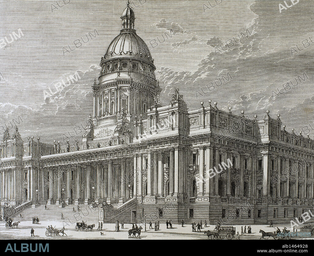 HISTORIA DE AUSTRALIA. SIGLO XIX. MELBOURNE. Palacio del Parlamento. Litografía de los planes originales con la cúpula y las alas adyacentes de la calle Spring. Este proyecto no fue terminado. Grabado de 1879.