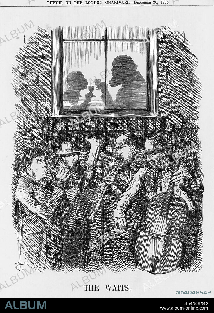 'The Waits', 1885. The shadowy figures drinking a toast are Lord Salisbury (right) and Lord Randolph Churchill. Outside are the Liberal's Joseph Chamberlain, William Forster, Sir William Harcourt and their leader, William Gladstone. The recent General Election had left the Conservatives with a minority government but they had decided to retain office. However, the Liberals are waiting. From Punch, or the London Charivari, December 26, 1885.