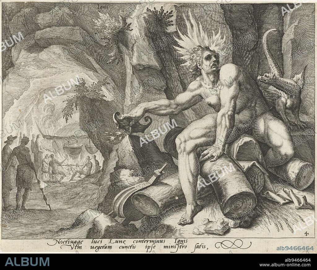 Representation of the element fire in the form of a naked man with flaming hair striking a rock with a flint. In the background a group of people around a fire above which hangs a cauldron. At the top of the scene the word 'Ignis' (fire). Below the image two lines of text in Latin. This print is part of a series of the four elements, each represented by a personification, behind whom figures perform actions associated with the particular element. Each depiction has a two-line Latin caption, The element fire Ignis (title on object) The four elements (series title), print maker: Jacob de Gheyn (II), (attributed to), Karel van Mander (I), (attributed to), publisher: Joos de Bosscher, (attributed to), print maker: Netherlands, publisher: Amsterdam, 1588 - 1592, paper, engraving, h 163 mm × w 204 mm.