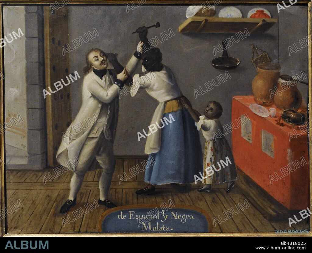 Casta painting. Anonymous. "De espa–ol y negra, mulata". (From Spaniard and Black, a Mulatta is born). Oil on copper (48 x 36 cm). Viceroyalty of New Spain. Mexican School. 1775-1800. Mexico. Museum of the Americas. Madrid, Spain.