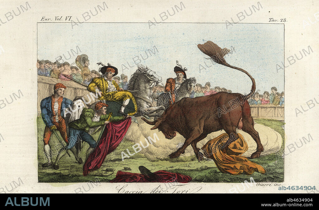 Spanish bullfight scene, 18th century. Two picadors subdue a bull with lances, while a matador with red cape and sword prepares for the kill. Sword page or mozo de espadas with capote and sword behind the matador. Caccia dei Tori. Handcoloured copperplate engraving by Giarre after Giulio Ferrario in his Costumes Ancient and Modern of the Peoples of the World, Il Costume Antico e Modern o Story, Florence, 1829.