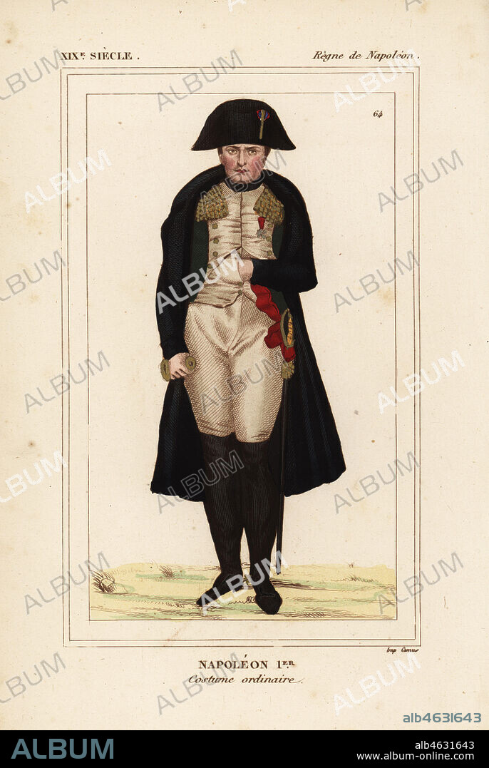 Emperor Napoleon Ist, campaign uniform, costume ordinaire, 1804. Handcoloured lithograph from Le Bibliophile Jacob aka Paul Lacroix's Costumes Historiques de la France (Historical Costumes of France), Administration de Librairie, Paris, 1852.