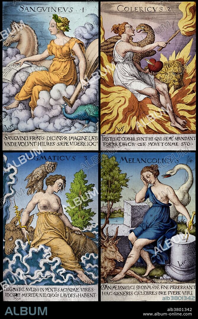The Four Humors. Humorism was an ancient theory of medicine that held that an excess or deficiency of any of four distinct bodily fluids, or 'humors', directly influences a person's temperament and health. From Hippocrates onward, the humoral theory was adopted by Greek, Roman and Persian physicians, and became the most commonly held view of the human body among European physicians until the advent of modern medical research in the nineteenth century. The four humors are black bile, yellow bile, phlegm, and blood. Each corresponds to one of the traditional four temperaments or personality types: sanguine (pleasure-seeking and sociable), choleric (ambitious and leader-like), melancholic (analytical and literal), and phlegmatic (relaxed and thoughtful). Engraving by Virgilius Solis, the Elder, 16th century. This image has been color-enhanced.