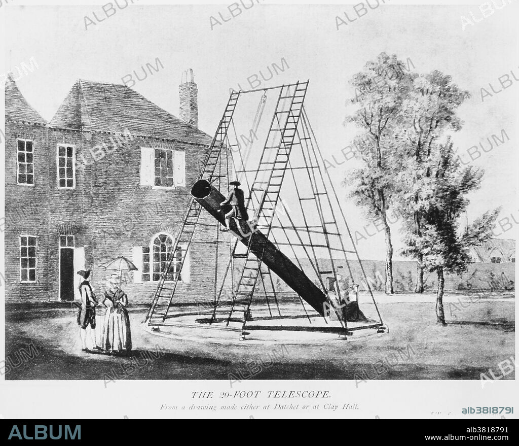 Illustration of the The 20-foot reflector telescope built by Sir William Herschel.