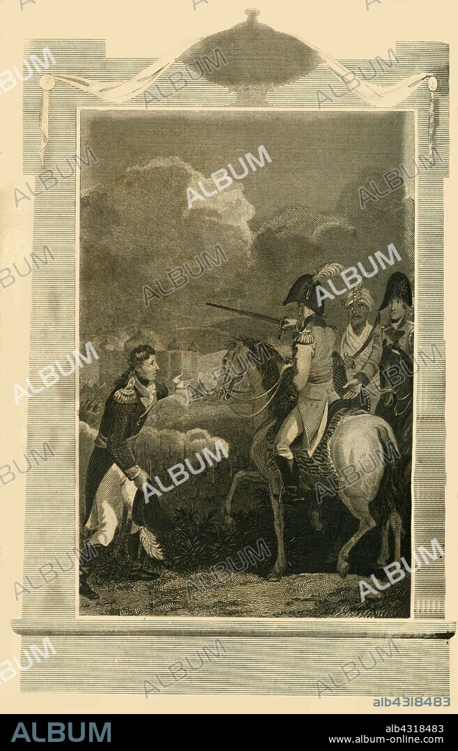 'Sir Arthur Wellesley commanding at the Battle of Assaye', (1803), 1816. Arthur Wellesley (1769-1852) and the British East India Company defeated the Maratha Empire at the Battle of Assaye in 1803. From "The History of the War, from the Commencement of the French Revolution to the Present Time, Vol. I", by Hewson Clarke, Esq. [T. Kinnersley, Limited, London, 1816].