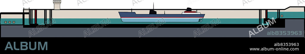 Structure with a lock chamber that can be filled with water or emptied to raise or lower a ship from one water level to another.
