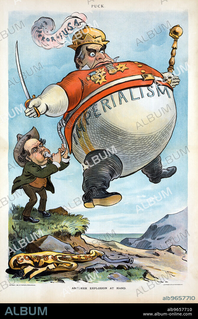 "Another Explosion at Hand", Political Cartoon Featuring William Jennings Bryan, using hot-air from his "Speeches", to inflate a Large Balloon Labeled "Imperialism", of President William McKinley Dressed as the "Emperor of USA", holding a Scepter and Sword, Artwork by Udo J. Keppler, Lithograph by J. Ottmann Lith. Co., Published by Keppler & Schwartzmann, September 19, 1900.