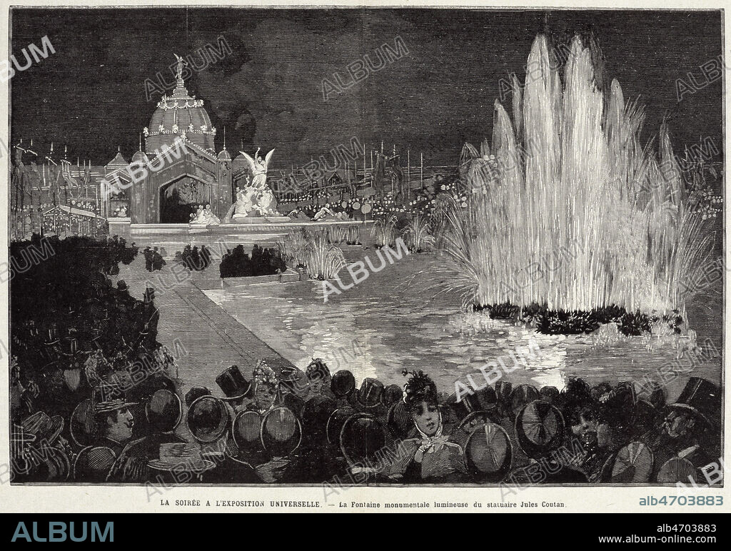 'La soiree a l'Exposition Universelle : la fontaine monumentale lumineuse du statuaire Jules Coutan'. Gravure in. Le Petit Moniteur Illustre du 02/06/1889. Credit : Collection KHARBINE-TAPABOR.