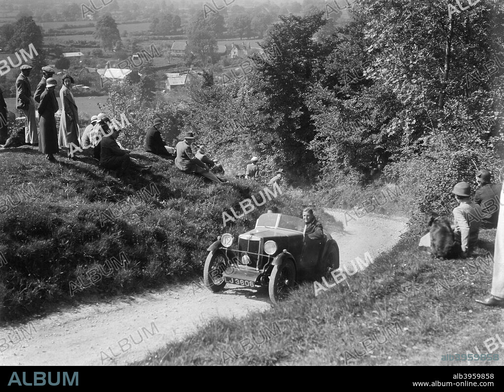 MG M 1931 847 cc. Vehicle Reg. No.  LJ3606.  Event Entry No: 12 Spare wheel mounted behind tail.. Place: W. Hants L.C.C. Trial. Date:.