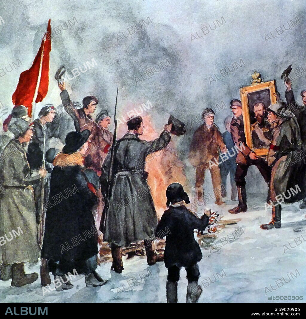 Painting depicting the burning of a portrait of Tsar Nicholas II during the February Revolution 1917. Dated 20th Century.