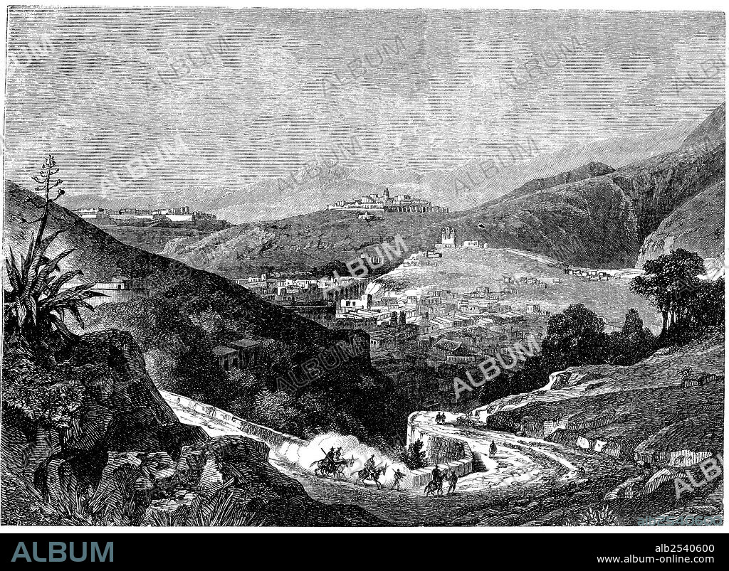 Méjico. Vista general de Guanajuato y sus famosas minas de oro y plata, y otros minerales. Grabado de 1868.