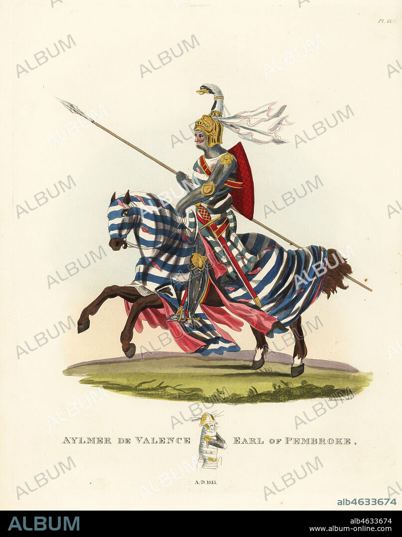 Aylmer de Valence, Second Earl of Pembroke (1275-1324). Mounted knight in plate armour with armorial surcoat, chapelle de fer and greaves, lance, shield and sword. Helmet with swan-head crest and cointisse scarf. Horse in striped caparison. Handcoloured lithograph by Maddocks after an illustration by S.R. Meyrick from Sir Samuel Rush Meyrick's A Critical Inquiry into Antient Armour, John Dowding, London, 1842.