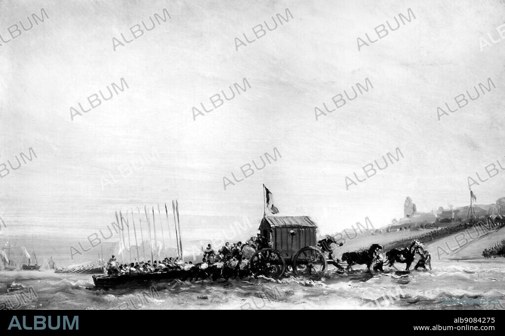 Queen Victoria's visit to Treport 2 September 1843 - Picture shows her disembarking. In September 1843 Queen Victoria crossed the English Channel for the first time. Her destination was Tréport in north-eastern France, where the Royal party was met by Louis-Philippe, King of the French. From there the Queen was taken by road to the Château d'Eu, the King's country residence. At the end of her five-day stay at Eu, Queen Marie-Amélie presented Queen Victoria with a fan, recording the arrival on the quayside in Tréport on 2 September. -. Victoria (Alexandrina Victoria; 24 May 1819 - 22 January 1901) was the Queen of the United Kingdom of Great Britain and Ireland from 20 June 1837, and the first Empress of India from 1 May 1876, until her death on 22 January 1901. Her reign lasted 63 years and seven months, longer than that of any other British monarch.. ©TopFoto.