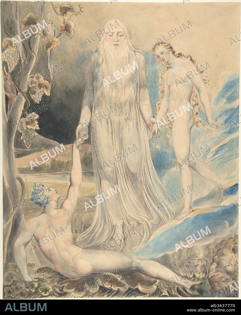 Angel of the Divine Presence Bringing Eve to Adam (The Creation of Eve: "And She Shall be Called Woman) (recto); Sketch for the same (verso). Artist: William Blake (British, London 1757-1827 London). Dimensions: Sheet: 16 3/8 × 13 1/16 in. (41.6 × 33.2 cm). Date: ca. 1803.
Blake considered the Bible to be the supreme poetic work and here evocatively re-imagined the Old Testament theme of the creation of Eve. Instead of showing the first woman emerging from Adam's side, Blake presents the couple meeting with ceremonial solemnity. A divine figure prepares to join their hands while a recumbent Adam looks up eagerly as his mate steps down from blue-tinged clouds. Objects in the landscape elaborate the meaning: the grape vines entwined around the tree symbolize marriage; the exotic red and blue plumed birds represent the newly created souls; and the giant oak leaf on which Adam reclines forecasts humankind's suffering. A lion dozing near grazing lambs at lower right signals the peace of the pre-fallen world. Blake made this finished watercolor for his loyal patron Thomas Butts.