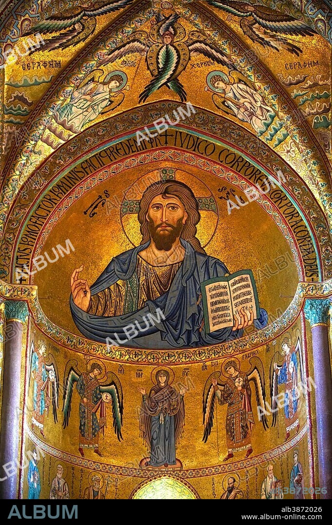 Byzantine mosaic of Christ Pantocrator, Mary and the Apostles in the Duomo of Cefalu, Sicily, Italy