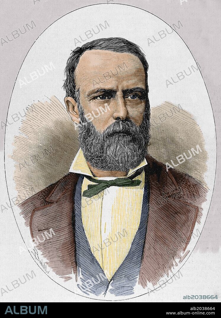 EDUARDO BASABILBASO (1835-1907). Político argentino. Presidente del Consejo de Instrucción pública de la República Argentina. Diputado al Congreso Nacional. Grabado coloreado de La Ilustración Española y Americana, 1879.