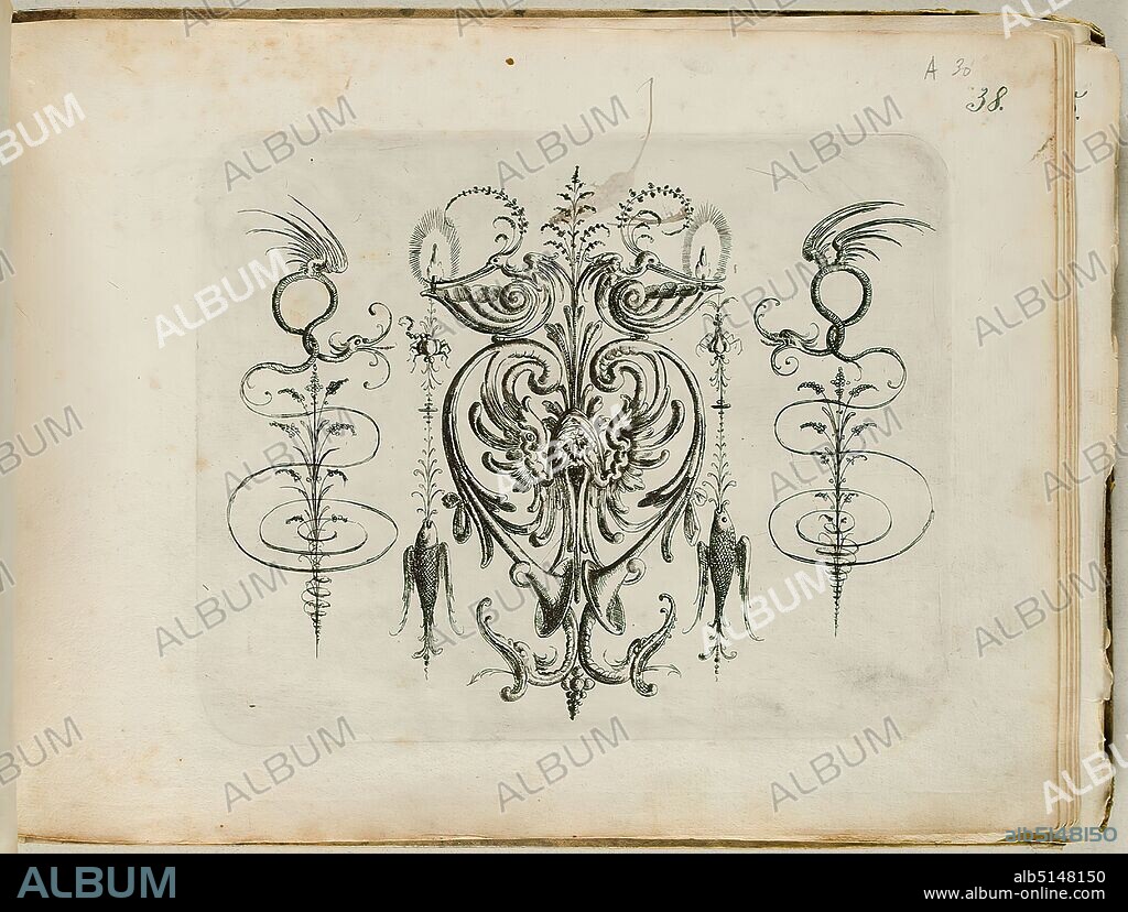 Christoph Jamnitzer, Grotesque ornament with cartilage work, leaf from the Neuw Grotteßken book, paper, etching, sheet size: height: 19.90 cm; width: 27.70 cm, prints, printed matter, grotesque (ornament), ornaments.