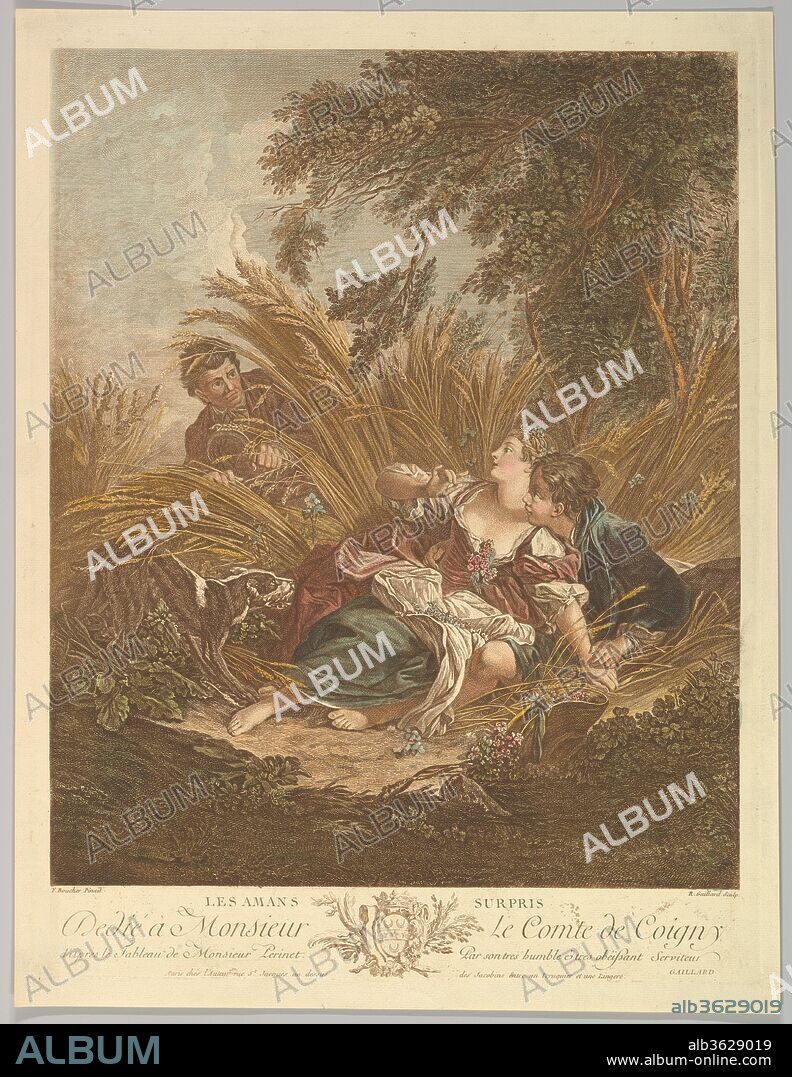 RENÉ GAILLARD and AFTER FRANÇOIS BOUCHER. Les Amans Surpris (The Surprised Lovers). Artist: After François Boucher (French, Paris 1703-1770 Paris); René Gaillard (French, ca. 1719-1790 Paris). Dimensions: Sheet: 20 3/8 x 15 9/16 in. (51.8 x 39.6 cm)
Plate: 19 5/16 x 14 15/16 in. (49 x 37.9 cm). Date: 18th century.