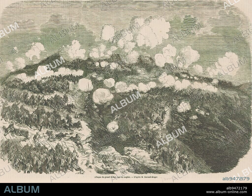 Battle of Malachov, 1855, Attaque du grand Redan, par les Anglais (title on object), Battle of Malachov on September 7, 1855 in which the Allies captured the redoubt of Malachov. Part of the siege of Sebastopol during the Crimean War., print maker: Jules Worms, (mentioned on object), after drawing by: Jean Baptiste Henri Durand-Brager, (mentioned on object), France, 1855, paper, height 251 mm × width 363 mm.