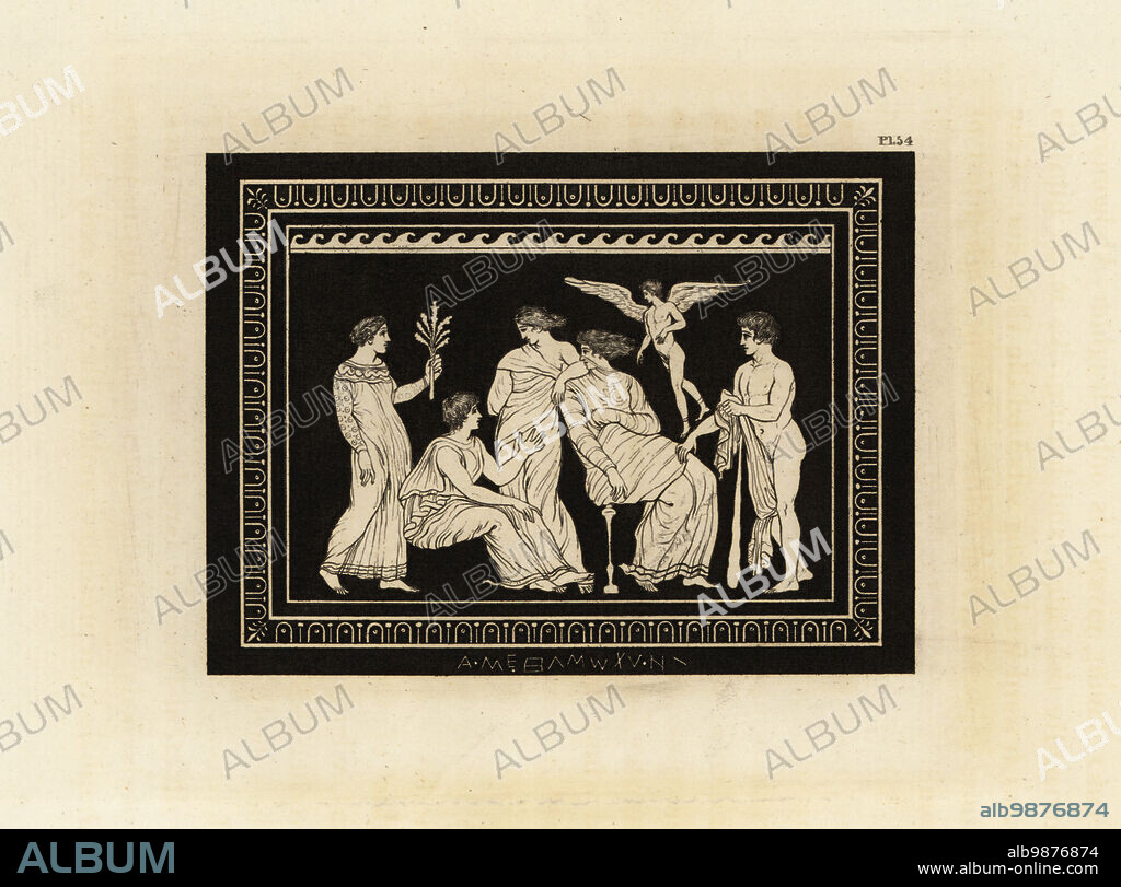 The sale of Hercules to Omphale, Queen of Lydia. Hercules, in Nemean lion-skin and holding club, touches Omphales knee at right. The winged genius represents Hercules victim Iphitus. A Lydian woman with short hair sits at Omphales feet, and a servant holds a fan symbolizing Venus. Copperplate engraving by Thomas Kirk (1765-1797) from Sir William Hamiltons Outlines from the Figures and Compositions upon the Greek, Roman and Etruscan Vases of the Late Sir Hamilton, T. MLean, London, 1834.