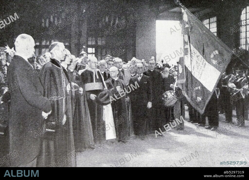 Black and white photograph of Cardinal Eugenio Pacelli (1876-1958), later Pope Pius XII, in Liseaux, as papal legate. Also in the photograph is Minister of Foreign Affairs, Yvon Delbos (1885-1956).