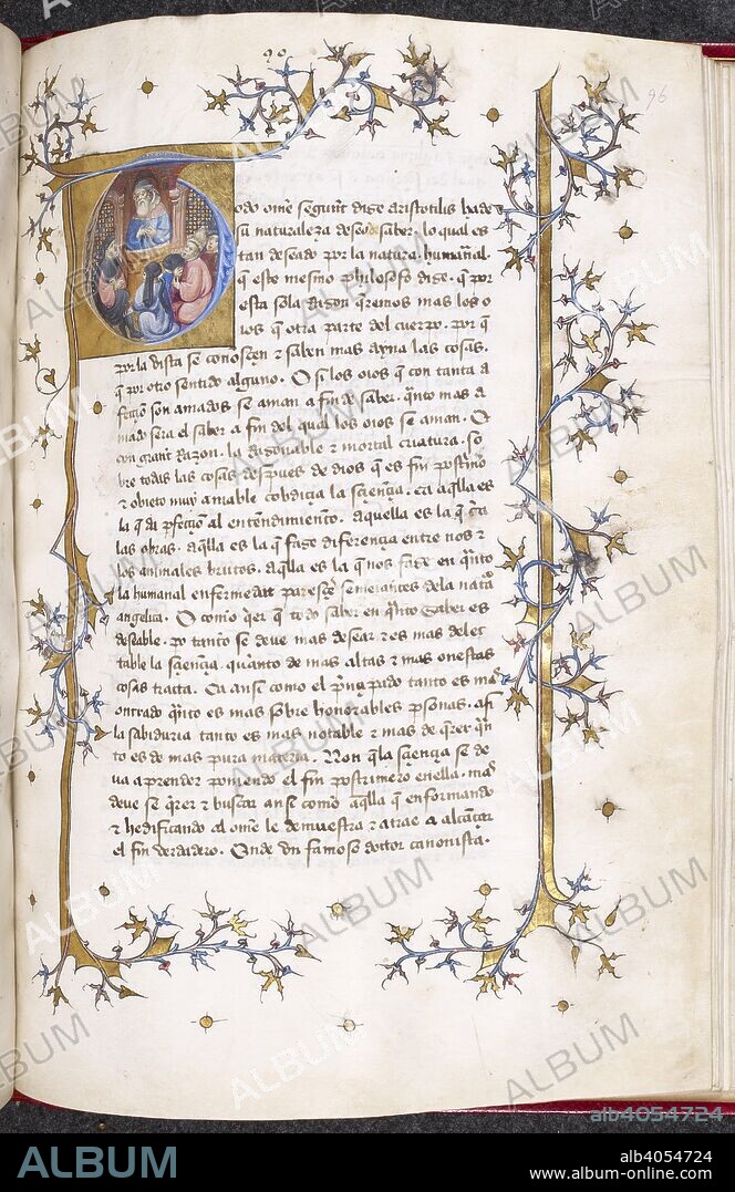 MARCUS TULLIUS CICERO. Historiated initial of a teaching scene. De officiis, De senectute, and Pro Marcello. Spain, N.; 1st half of the 15th century. Source: Harley 4796, f.96. Language: Spanish (Castilian).