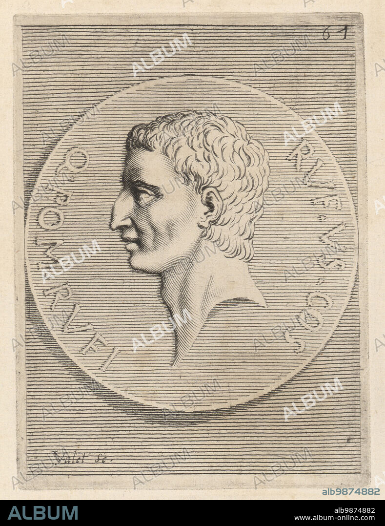 Quintus Pompeius Rufus (died 88 BC), consul of the Roman Republic, colleague of the dictator Lucius Cornelius Sulla. From a bronze denarius coin issued by his grandson, Quintus Pompeius Rufus. Rufo. Copperplate engraving by Guillaume Vallet after Giovanni Angelo Canini from Iconografia, cioe disegni d'imagini de famosissimi monarchi, regi, filososi, poeti ed oratori dell' Antichita, Drawings of images of famous monarchs, kings, philosophers, poets and orators of Antiquity, Ignatio deLazari, Rome, 1699.